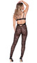 Coquette stretch lace sleeveless catsuit features underwire cups, scalloped trim, faux lace up front detail, strappy satin accents, adjustable shoulder straps, and open back with hook and eye closure.