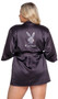 Stretch satin short length robe features rhinestone Playboy logo detail on front and back, three quarter length kimono style sleeves, and matching sash with tie closure.