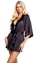 Stretch satin short length robe features rhinestone Playboy logo detail on front and back, three quarter length kimono style sleeves, and matching sash with tie closure.