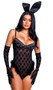 Playboy Bunny Noir teddy features logo flocked printed mesh, marabou feather trim, underwire plunge cups with stretch satin trim, adjustable shoulder straps, hook and eye back closure, and thong cut with cotton gusset.