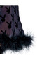 Playboy Bunny Noir Robe features flocked logo printed mesh, marabou feather trim, stretch satin trim and sash, and three quarter length kimono style sleeves.