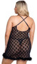 Sheer mesh chemise features flocked Playboy Bunny logo print, marabou feather trim, underwire plunge cups with satin trim, and adjustable criss cross shoulder straps.