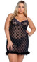 Sheer mesh chemise features flocked Playboy Bunny logo print, marabou feather trim, underwire plunge cups with satin trim, and adjustable criss cross shoulder straps.