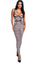 Playboy Bunny Kiss sleeveless catsuit features logo heart embroidered tulle, flocked logo printed mesh, stretch satin trim, underwire plunge cups, adjustable shoulder straps, and cage style back hook and eye closure.