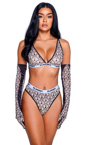 Playboy Bunny Sport Set features mesh bralette with Playboy bunny logo flocked heart print, satin binding, plunging V neckline, adjustable shoulder straps, and Playboy logo elastic. Matching high waisted thong also included. Two piece set.