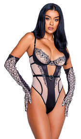 Playboy Bunny Kiss teddy features logo heart embroidered sheer tulle, stretch satin trim, underwire plunge cups, Playboy Bunny logo ring hardware, adjustable shoulder straps, hook and eye back closure, and thong cut back with cotton gusset.