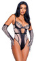 Playboy Bunny Kiss teddy features logo heart embroidered sheer tulle, stretch satin trim, underwire plunge cups, Playboy Bunny logo ring hardware, adjustable shoulder straps, hook and eye back closure, and thong cut back with cotton gusset.