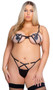 Stretch satin bra features open underwire demi cups with strappy accents and Playboy Bunny logo embroidered appliques, gold ring metal hardware accents, adjustable shoulder straps and cage style back with hook and eye closure. Matching thong features low cut front with criss cross strap details and cotton gusset. Two piece set.