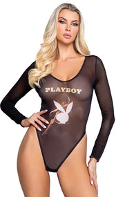 Long sheer mesh bodysuit features iconic Playboy cover from October 1971, scoop neckline, satin binding, snap crotch closure with cotton gusset and thong back.