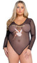 Long sheer mesh bodysuit features iconic Playboy cover from October 1971, scoop neckline, satin binding, snap crotch closure with cotton gusset and thong back.