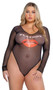 Long sheer mesh bodysuit features iconic Playboy cover from November 2013 with red lips and match design, scoop neckline, satin binding, snap crotch closure with cotton gusset and thong back.