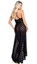 Playboy Bunny Noir gown features a flocked mesh fabric with bunny head logo print, stretch satin trim and belt, plunging neckline, high low asymmetrical skirt, and criss cross adjustable shoulder straps.