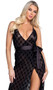 Playboy Bunny Noir gown features a flocked mesh fabric with bunny head logo print, stretch satin trim and belt, plunging neckline, high low asymmetrical skirt, and criss cross adjustable shoulder straps.