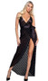 Playboy Bunny Noir gown features a flocked mesh fabric with bunny head logo print, stretch satin trim and belt, plunging neckline, high low asymmetrical skirt, and criss cross adjustable shoulder straps. 