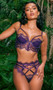 Sugar Plum set features a long line eyelash lace and tulle bra with scalloped trim, vinyl accents and boning, underwire balconette cups with strappy accents, o ring details, adjustable shoulder straps, and a hook and eye back closure. Matching high waisted panty features a thong back and cotton gusset. Two piece set.