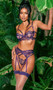 Sheer tulle bra features faux patent leather trim and scalloped eyelash lace, underwire balconette cups with strappy accents, adjustable shoulder straps and back hook and eye closure. Matching garter belt features adjustable straps and hook and eye back closure. Matching low rise thong features an eyelash lace back and cotton gusset. Three piece set.