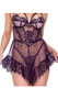 Sheer tulle babydoll features scalloped eyelash lace and faux patent leather trim, underwire balconette cups, gathered skirt hem, adjustable shoulder straps, and hook and eye back closure. Matching low rise thong with cotton gusset also included. Two piece set.