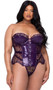 Eyelash lace strapless bustier features faux patent leather, underwire balconette cups, steel boning, scalloped trim, front busk opening, and mesh back with hook and eye closure. Matching thong has a cotton gusset. Two piece set.