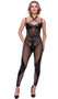 Flirty Fetish sleeveless fishnet catsuit features faux leather and satin trim, underwire cups with illusion tulle lining, strappy front collar detail with O ring accents, faux lace up front, adjustable shoulder straps, and cage style back with hook and eye closure.
