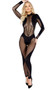 Long sleeve sheer mesh jumpsuit features opaque panels, mock neck and with back zipper closure.