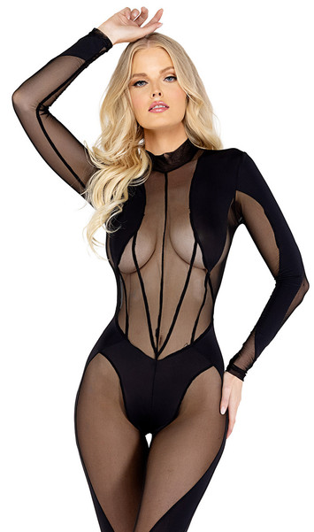 Long sleeve sheer mesh jumpsuit features opaque panels, mock neck and with back zipper closure.