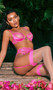 Bubblegum heart bra features metallic lace heart embroidered tulle, underwire demi cups with satin trim, heart shaped metal ring, adjustable shoulder straps and hook and eye back closure. Matching garter belt features adjustable garter straps and back hook and eye closure.  Matching thong features low rise front, cotton gusset and strappy back with heart ring. Three piece set.