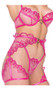 Bubblegum heart bra features metallic lace heart embroidered tulle, underwire demi cups, heart shaped metal ring, adjustable shoulder straps and hook and eye back closure. Matching chaps feature elastic waist with scalloped tulle, elastic leg openings with adjustable straps, open gusset and back hook closure.  Matching thong features low rise front, cotton gusset and strappy back with heart ring.  Three piece set.