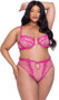Bubblegum heart bra features metallic lace heart embroidered tulle, underwire demi cups, heart shaped metal ring, scalloped trim, adjustable shoulder straps and hook and eye back closure. Matching high waisted sheer thong features keyhole front with heart ring, keyhole back with hook closure, and cotton gusset. Two piece set.