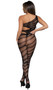 One shoulder fishnet bodystocking with side cut outs, slanted striped lines, and open crotch.