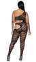 One shoulder fishnet bodystocking with side cut outs, slanted striped lines, and open crotch.
