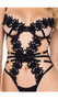 Ebony Rose Teddy features floral guipure lace trim and illusion tulle, underwire demi cups, strappy details with three ring metal hardware, steel boning, adjustable shoulder straps, hook and eye back closure, clasp back closures, and thong back with cotton gusset.
