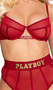 Mesh bra features satin binding, underwire demi cups, Playboy logo elastic, adjustable shoulder straps and back hook and eye closure. Matching high waisted thong features Playboy logo elastic waistband and cotton gusset. Two piece set.