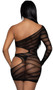One shoulder fishnet mini dress with asymmetrical neckline, sheer striped design, one long sleeve and side cut outs.