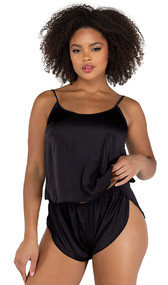 Soft satin cami top features adjustable shoulder straps and flyaway back. Matching shorts with high cut tulip hem also included. Two piece set.