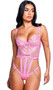 Mesh and plush elastic studded teddy features underwire plunge cups, draped gold chain accents featuring Playboy Bunny logo charms, Playboy logo name plate hardware, adjustable shoulder straps, hook and eye back closure, open sides and back, and double strap thong back with adjustable straps and cotton gusset.