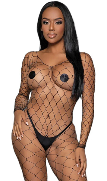 Wide fishnet footless bodystocking with long sleeves, wide neck, scoop back and open crotch.