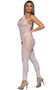 One shoulder footless bodystocking features wide strap with cut out that can be worn on front or back side (see pictures), open crotch, and geometric pothole design.
