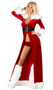 Sexy Miss Claus costume includes velvet long robe with faux fur trim detail, detachable belt, and shorts. Three piece set.