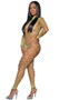 Wide fishnet footless bodystocking with long sleeves, mock neck, and open back.