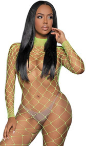 Wide fishnet footless bodystocking with long sleeves, mock neck, and open back.