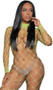 Wide fishnet footless bodystocking with long sleeves, mock neck, and open back.