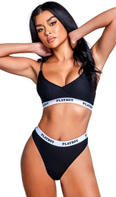 Playboy lifestyle set features athletic mesh bralette with bikini cups, double spaghetti shoulder straps and contrast elastic with Playboy logo print. Matching high waisted thong has cotton gusset. Two piece set.