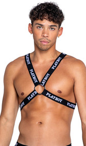 Playboy logo elastic harness with large O ring detail.