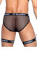 Sheer fishnet briefs feature opaque ultra soft modal pouch, Playboy logo elastic waistband, and detachable suspender leg straps with metal clips.