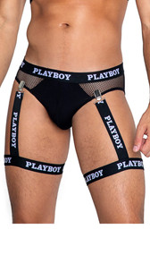 Sheer fishnet briefs feature opaque ultra soft modal pouch, Playboy logo elastic waistband, and detachable suspender leg straps with metal clips.