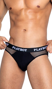 Sheer fishnet briefs feature opaque ultra soft modal pouch and Playboy logo elastic waistband.