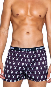 Stretch satin boxer shorts feature Playboy bunny print, Playboy logo elastic waistband and button fly closure.