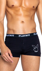 Boxer briefs feature ultra soft modal fabric, Playboy bunny head logo outline print with bowtie, logo elastic waistband, and button fly closure.