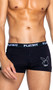 Boxer briefs feature ultra soft modal fabric, Playboy bunny head logo outline print with bowtie, logo elastic waistband, and button fly closure.
