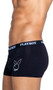 Boxer briefs feature ultra soft modal fabric, Playboy bunny head logo outline print with bowtie, logo elastic waistband, and button fly closure.